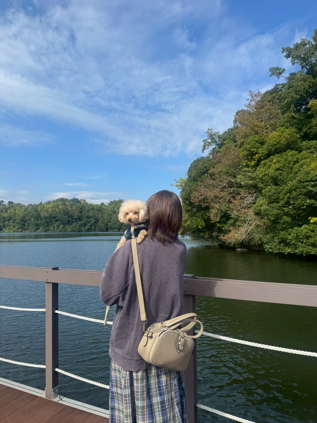 一碧湖 犬連れ 散策 レザーバッグ