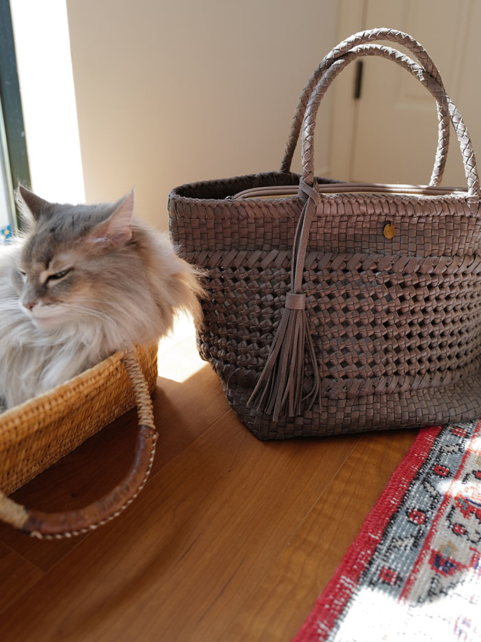 レザーメッシュバッグ カミーユ スモーキーブラウンの編み込みディテール