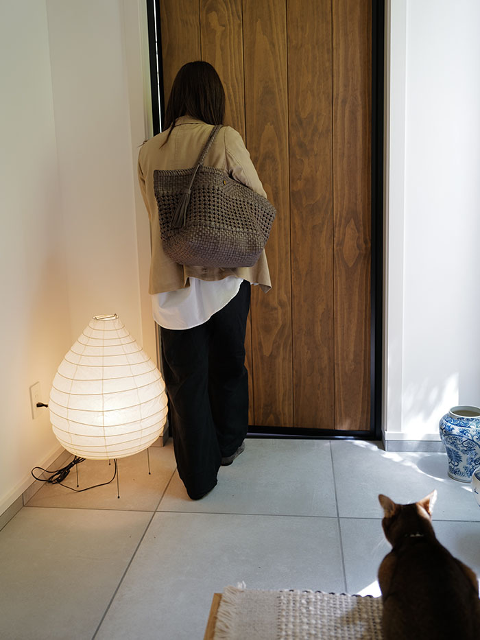 春のやわらかな光に包まれるレザーメッシュバッグと猫の暮らし